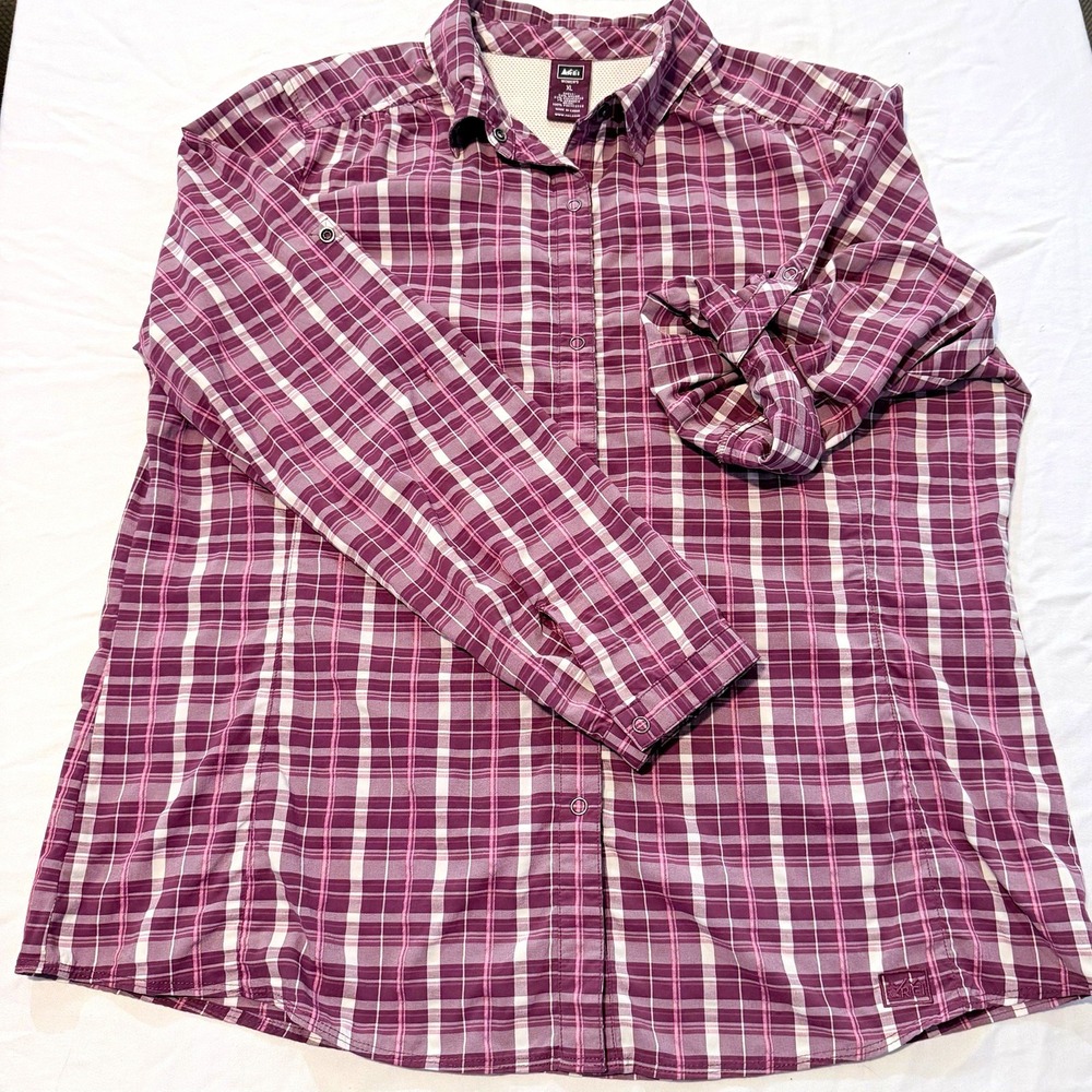 REI Plaid Button-Up Shirt Adults XL Marion White Long Sleeve rollup 3/4 sleeve
